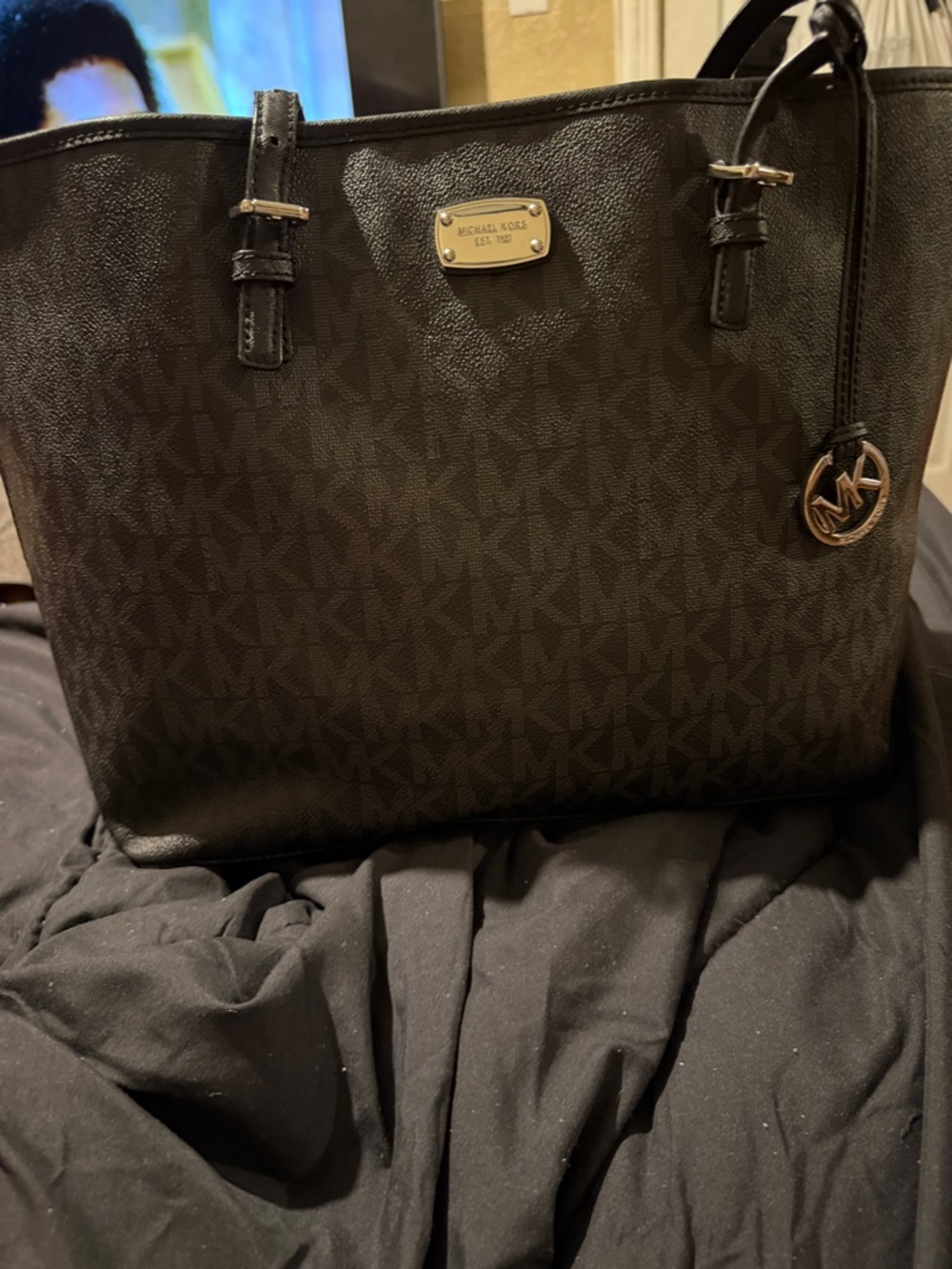 Michael Kors Black and Gunmetal Monogram Messenger Tote